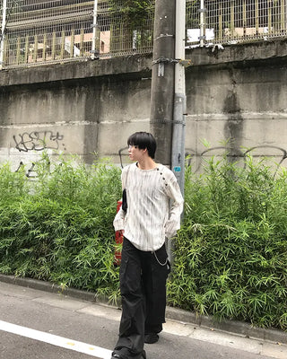 Striped button-up long-sleeved T-shirt