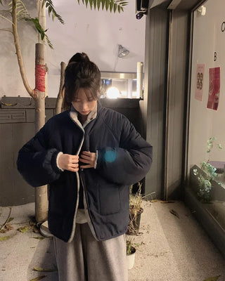 Down jacket x fleece reversible high-neck jacket