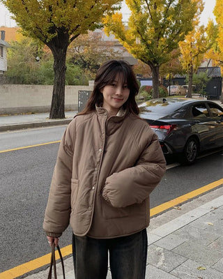 Down jacket x fleece reversible high-neck jacket