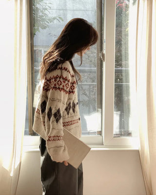 Soft wool argyle Nordic pattern knit cardigan