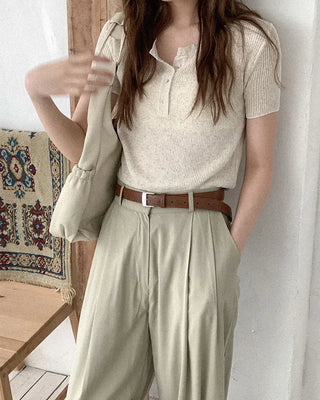 Linen ribbed button knit