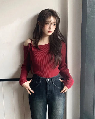 Asymmetrical Ribbon Off-Shoulder Knit