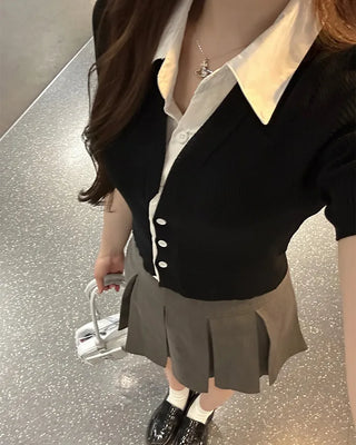 Shirt-layered short-sleeved cardigan