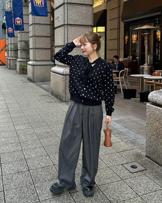 Polka Dot Ribbon Tie Knit Cardigan
