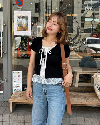 Lace-layered short-sleeved cardigan