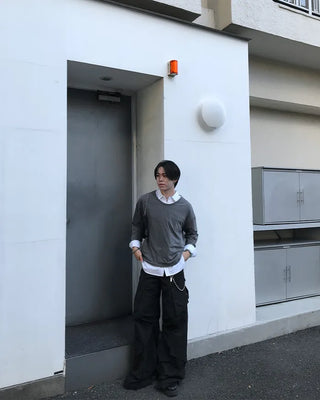 Oversized U-neck long-sleeve T-shirt