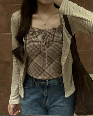 Check sleeveless cardigan set