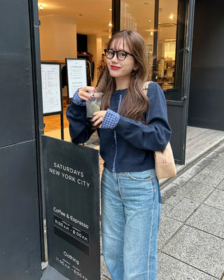 Checked two-tone knit cardigan