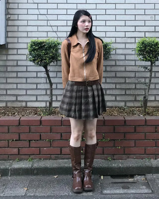 Square belt check pleated mini skirt