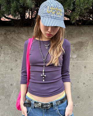 Jewel neck cropped sleeve T-shirt