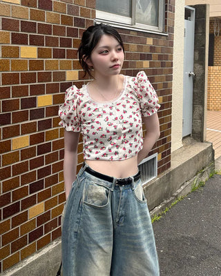 Flower Button Cropped T-Shirt
