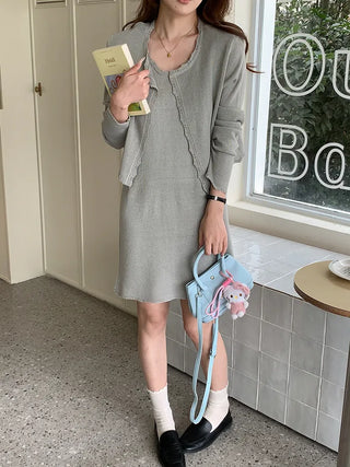 (4 colors) (set) Lace sleeveless knit dress & cardigan set
