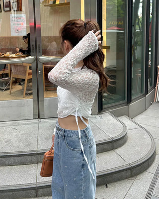 Side Shirring Lace Long Sleeve T-Shirt