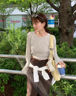 Flower Henley Neck Long T-Shirt