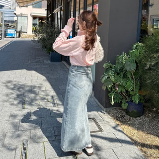 Slit Washed Denim Long Skirt