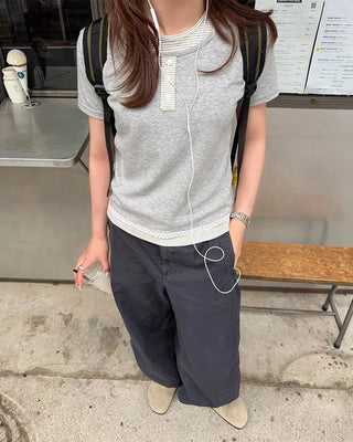 Striped layered Henley neck half T-shirt