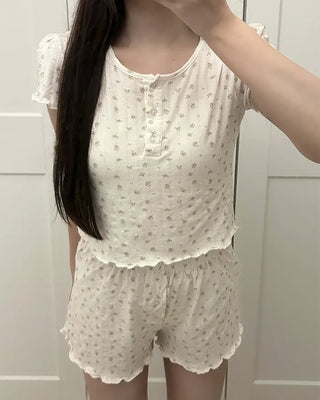 Flower Henley Neck Scallop Short Sleeve Shirt & Pants Set