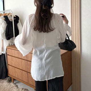 Deep V-neck sheer blouse