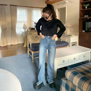 Flared slit denim pants