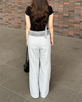 Checked frill shirred half-sleeve T-shirt