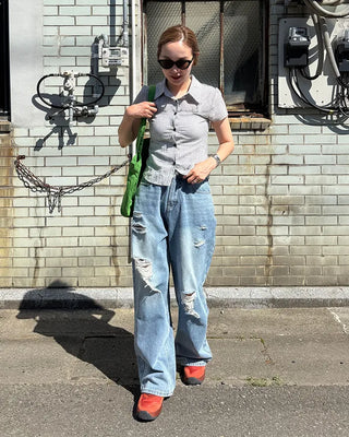 Distressed wide-leg denim pants