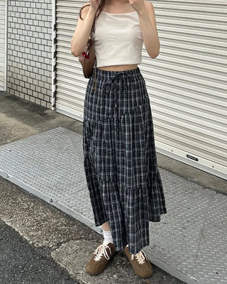 Checked frill long skirt