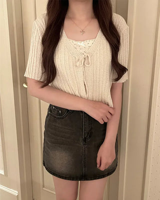 Ribbon Cropped Half-Sleeve Cardigan