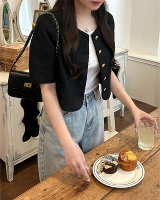 Heart gold button short-sleeved tweed jacket