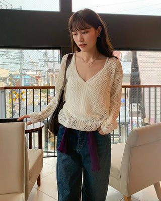 V-neck perforated knit