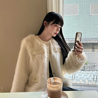 Gold button fur jacket