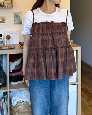 Frilled Shirring Check Sleeveless Dress