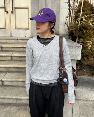 Sleeve Button V-Neck Long T-Shirt