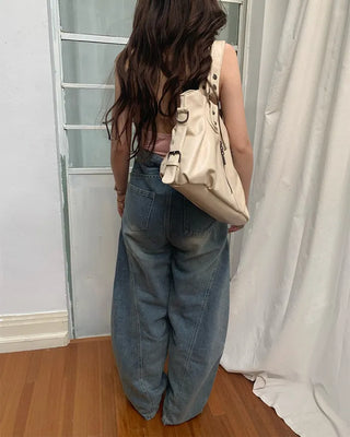 Washed distressed wide-leg denim pants