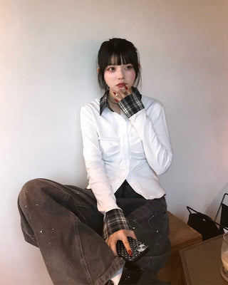 Checked two-tone gathered neck shirt