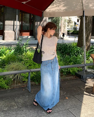 Washed long denim skirt
