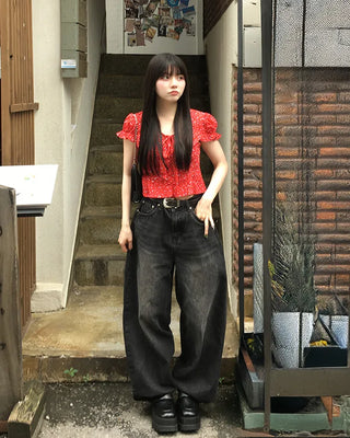 Washed balloon denim pants