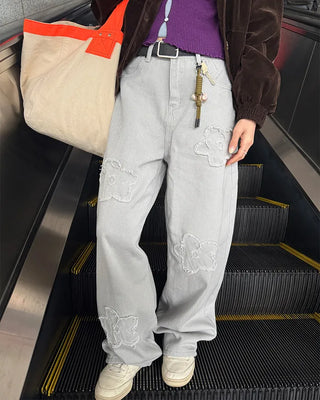Flower embroidered wide-leg pants