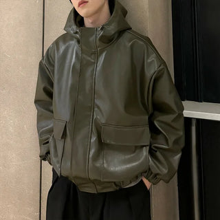 Leather hooded pocket jacket