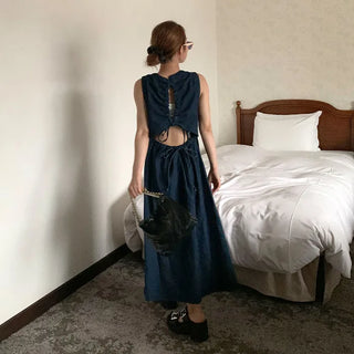 Back Shirred Open Denim Dress