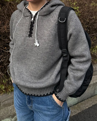 Two-tone knit half-zip hoodie