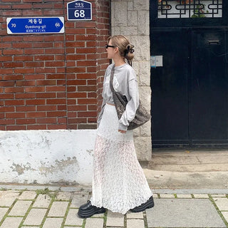 Lace flared long skirt
