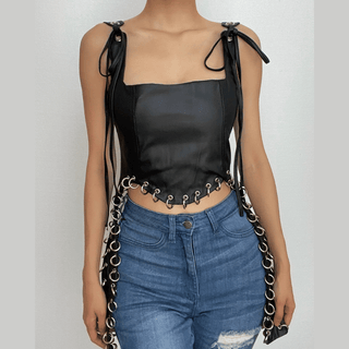 Square neck self tie PU leather o ring zip-up sleeveless crop top - Final Sale-final-sale