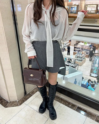See-through polka dot tie blouse
