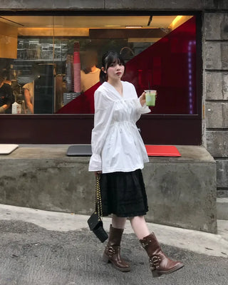 Drawstring Long Puff Sleeve Blouse
