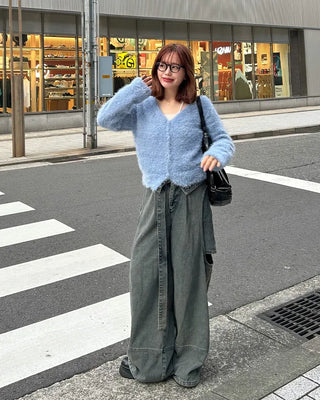 V-neck loose-fit shaggy knit