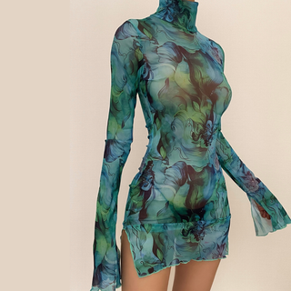 Sheer mesh see through print high neck slit long sleeve mini dress