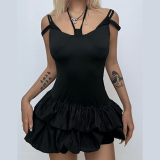Halter self tie hollow out ruched solid cut out mini dress