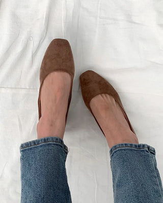 (3 colors) Suede Square Toe Mid-Heel Pumps