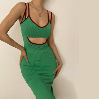 Hollow out V neck ribbed cut out midi dress