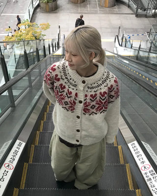 Colored Neck Nordic Knit Cardigan